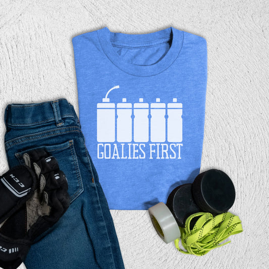 Youth Goalies First T-Shirt S / Heather Columbia Blue Kids clothes